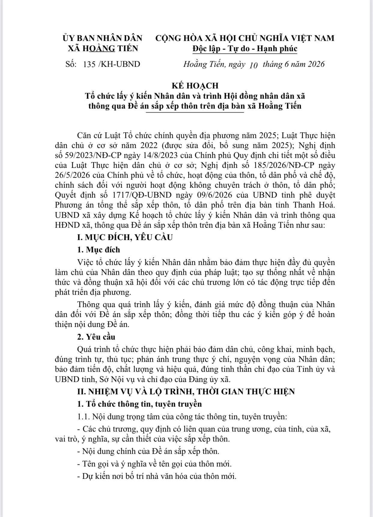 KẾ HOẠCH LẤY Ý KIẾN NHÂN DÂN VÀ TRÌNH HỘI ĐỒNG NHÂN DÂN XÃ THÔNG QUA ĐỀ ÁN SẮP XẾP THÔN TRÊN ĐỊA BÀN XÃ HOẰNG TIẾN