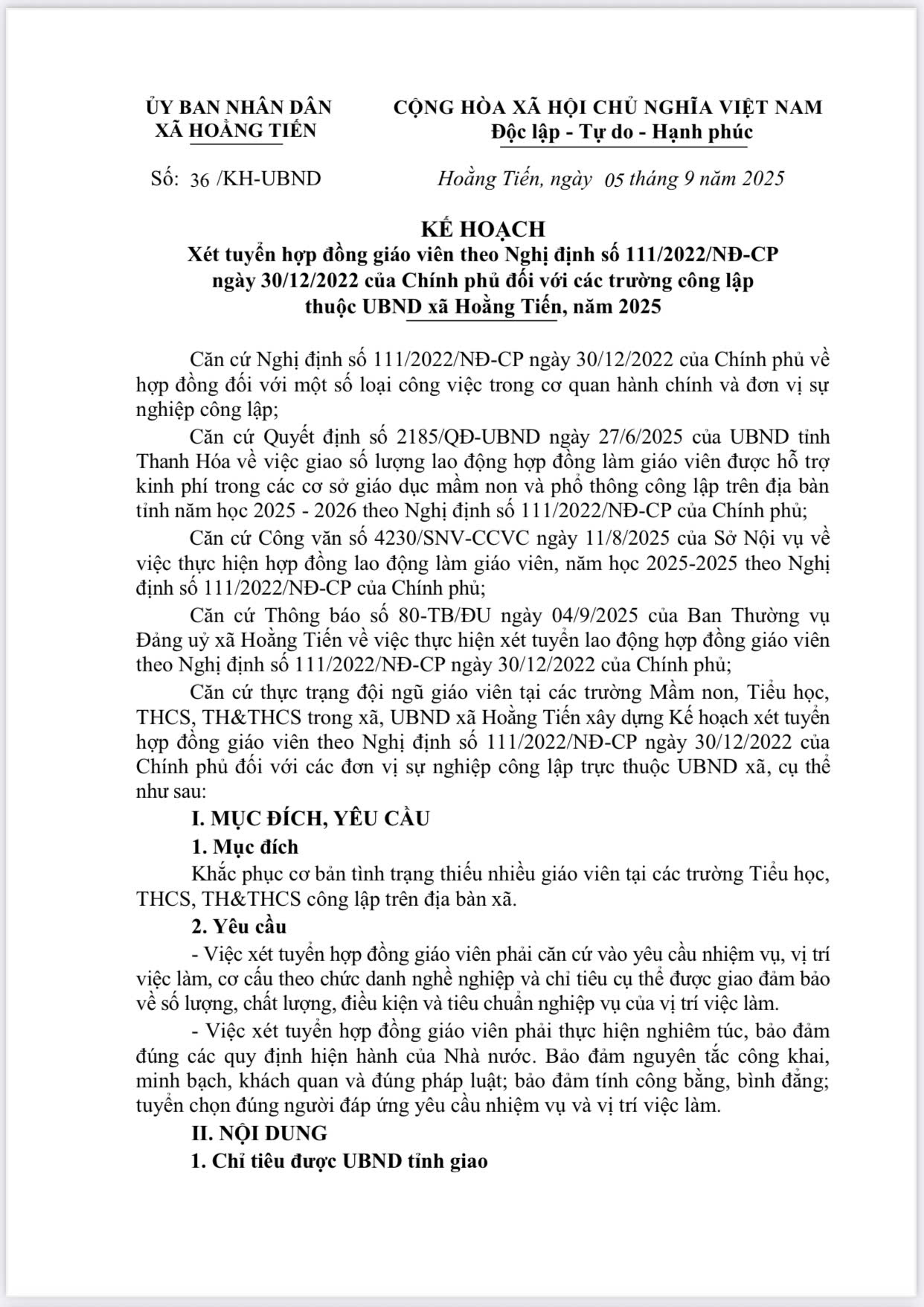 KẾ HOẠCH Xét tuyển hợp đồng giáo viên theo Nghị định số 111/2022/NĐ-CP ngày 30/12/2022 của Chính phủ đối với các trường công lập thuộc UBND xã Hoằng Tiến, năm 2025