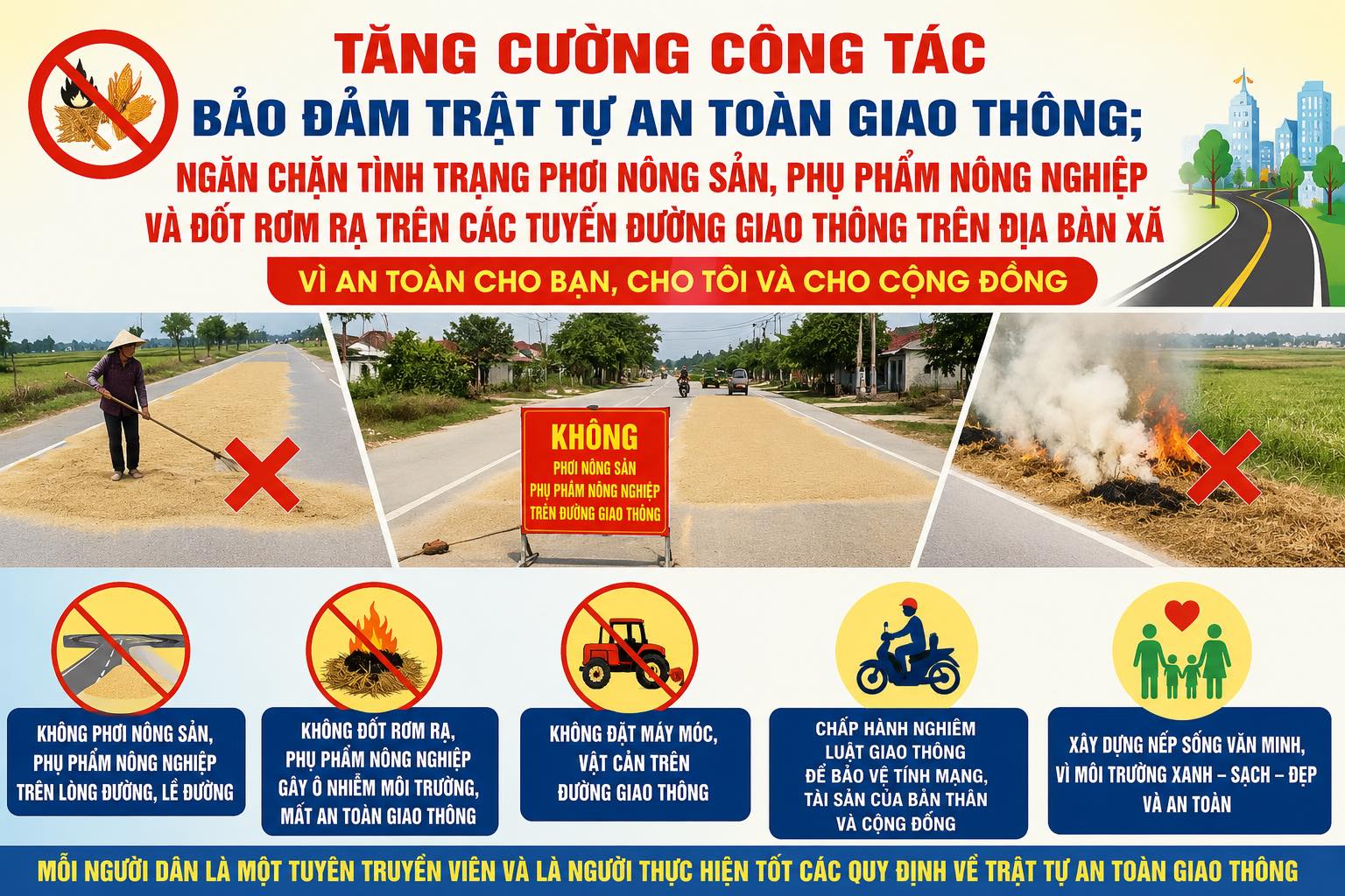 Công văn số 770 của UBND xã Hoằng Châu về việc tăng cường công tác bảo đảm trật tự an toàn giao thông; ngăn chặn tình trạng phơi nông sản, phụ phẩm nông nghiệp và đốt rơm rạ trên các tuyến đường giao thông trên địa bàn xã.