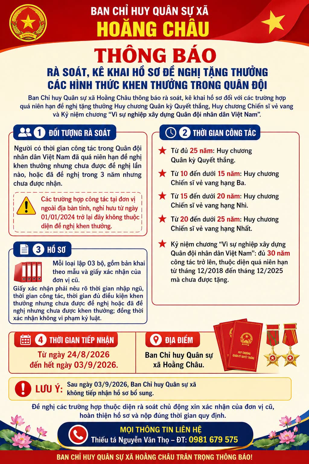 THÔNG BÁO Rà soát, kê khai hồ sơ đề nghị tặng thưởng các hình thức khen thưởng trong Quân đội