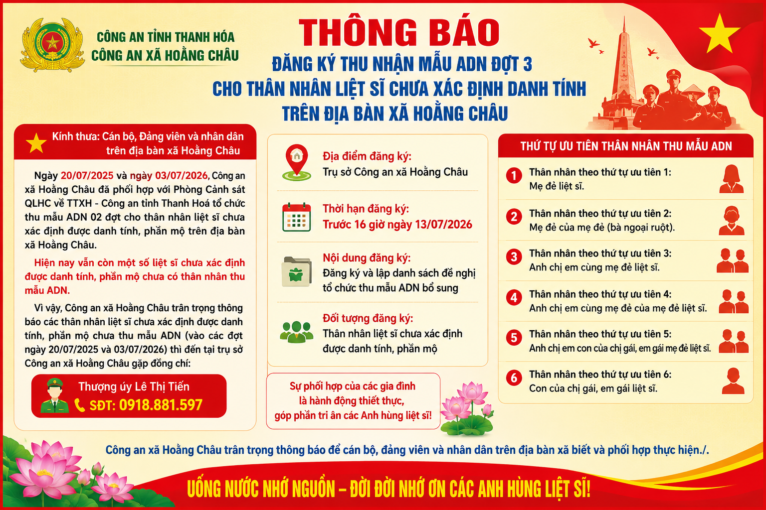 Công an xã Hoằng Châu thông báo đăng ký thu nhận mẫu ADN đợt 3 cho thân nhân liệt sĩ chưa xác định được danh tính