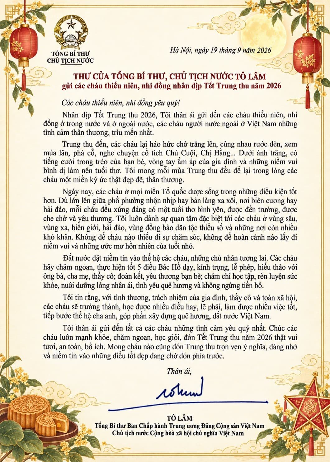 Tổng Bí thư, Chủ tịch nước viết thư gửi thiếu niên nhi đồng nhân dịp Tết Trung thu năm 2026