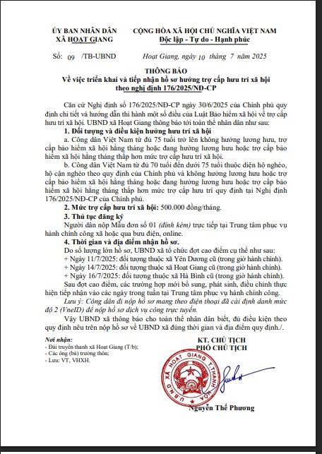 Thông báo về việc triển khai và tiếp nhận hồ sơ hưởng trợ cấp hưu trí xã hội theo Nghị định 176/2025/NĐ-CP