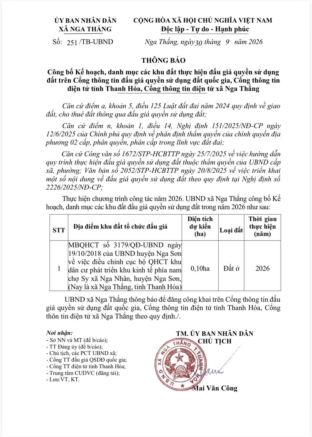 THÔNG BÁO Công bố Kế hoạch, danh mục các khu đất thực hiện đấu giá quyền sử dụng đất xã Nga Thắng 