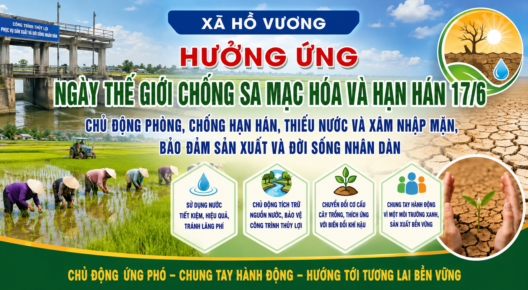 HƯỞNG ỨNG NGÀY THẾ GIỚI CHỐNG SA MẠC HÓA VÀ HẠN HÁN 17/6: CHỦ ĐỘNG PHÒNG, CHỐNG HẠN HÁN, THIẾU NƯỚC VÀ XÂM NHẬP MẶN, BẢO ĐẢM SẢN XUẤT VÀ ĐỜI SỐNG NHÂN DÂN