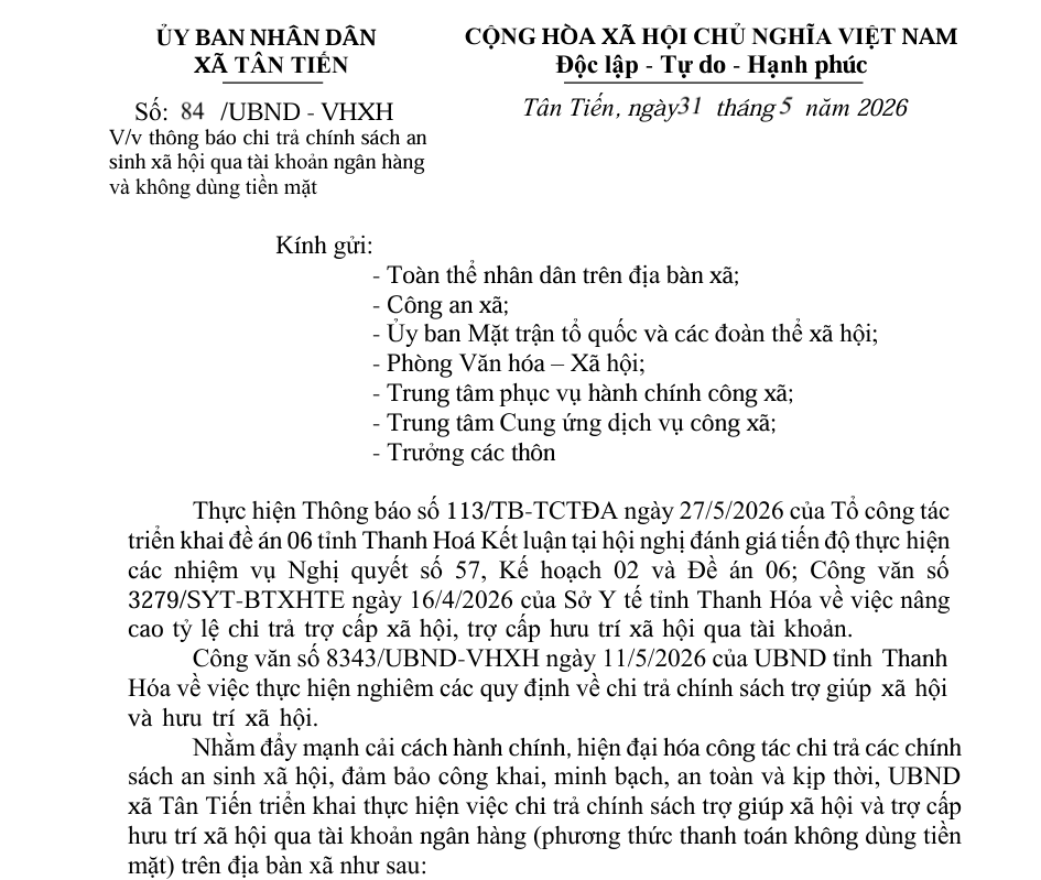 Thông báo chi trả chính sách an sinh xã hội qua tài khoản ngân hàng và không dùng tiền mặt
