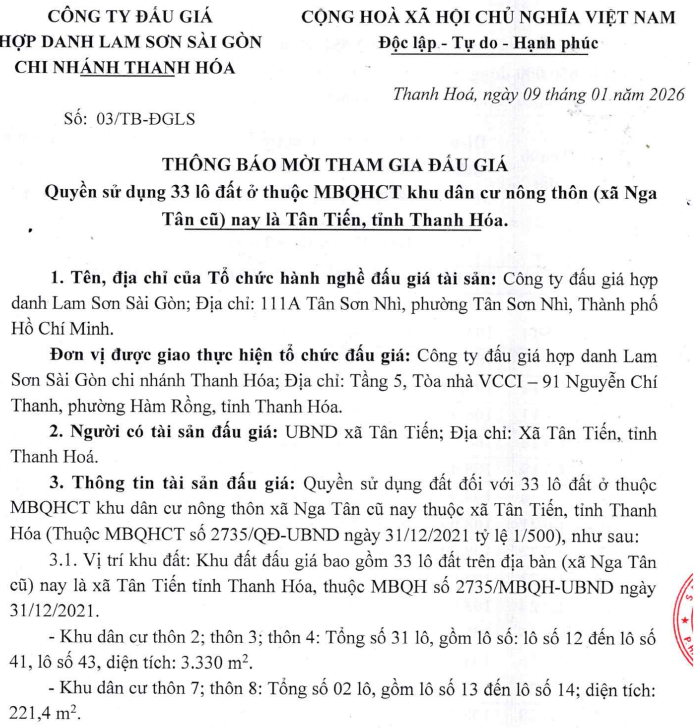 THÔNG BÁO MỜI THAM GIA ĐẤU GIÁ