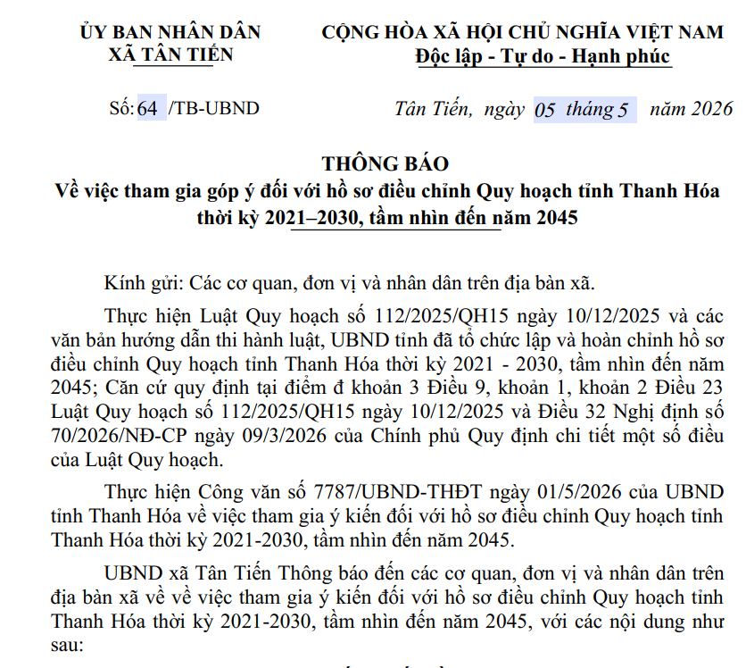 Thông báo về việc tham gia góp ý đối với hồ sơ điều chỉnh Quy hoạch tỉnh Thanh Hóa thời kỳ 2021–2030, tầm nhìn đến năm 2045