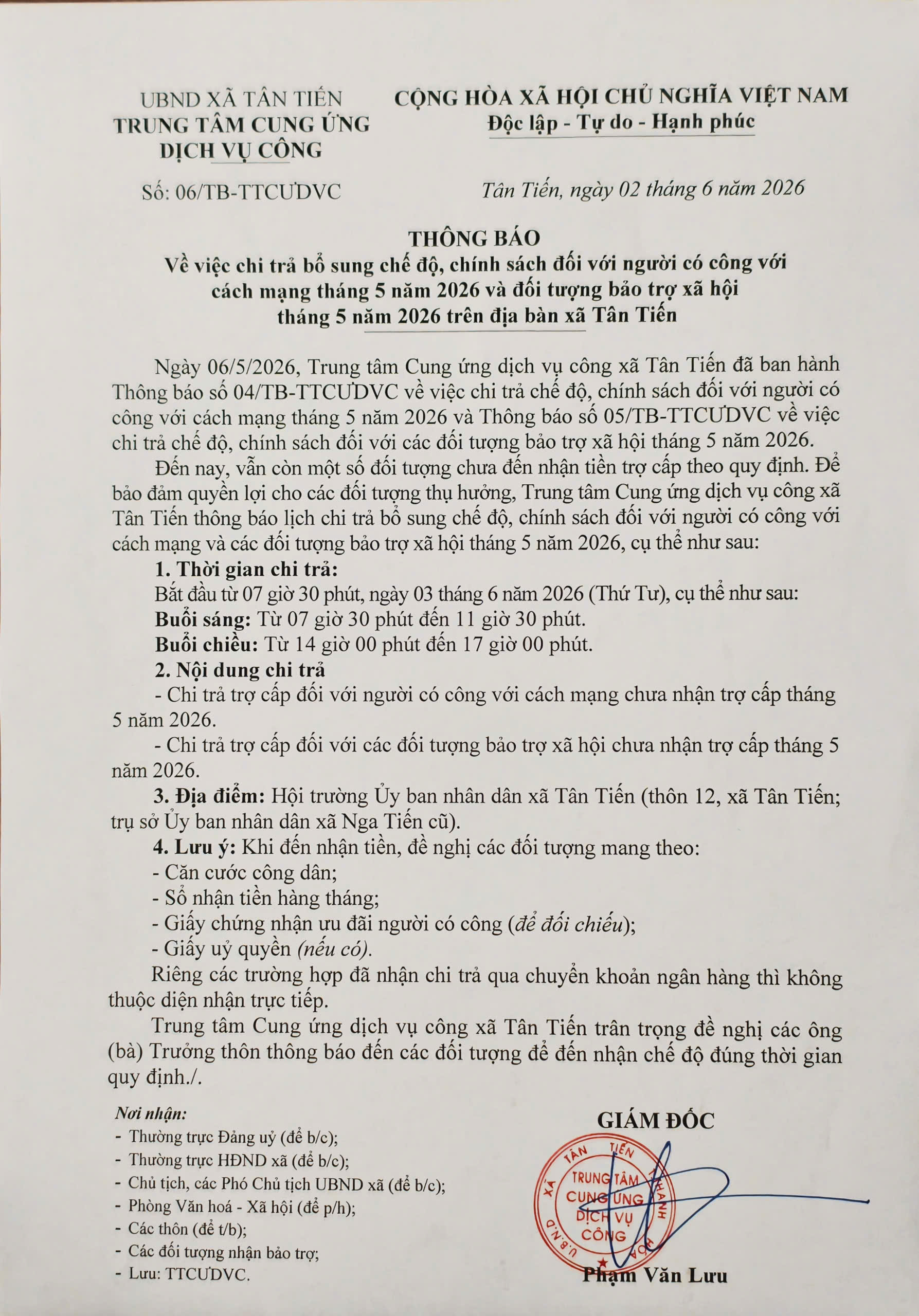 THÔNG BÁO VỀ VIỆC CHI TRẢ BỔ SUNG CHẾ ĐỘ, CHÍNH SÁCH ĐỐI VỚI NGƯỜI CÓ CÔNG VỚI CÁCH MẠNG VÀ ĐỐI TƯỢNG BẢO TRỢ XÃ HỘI THÁNG 5 NĂM 2026 TRÊN ĐỊA BÀN XÃ TÂN TIẾN