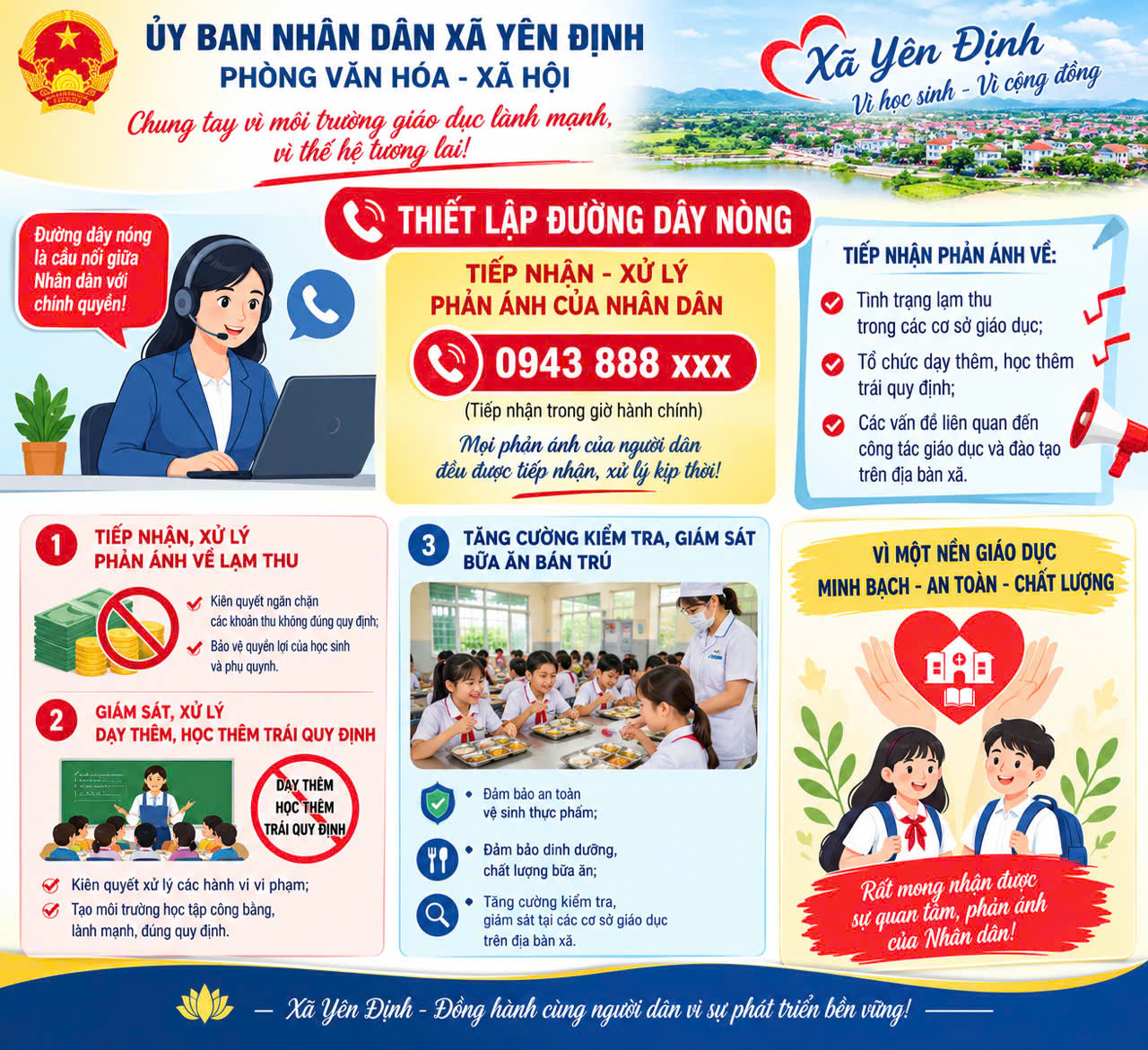 UBND xã Yên Định, Phòng Văn hóa - Xã hội thiết lập đường dây nóng tiếp nhận, xử lý phản ánh của Nhân dân về tình trạng lạm thu tại các cơ sở giáo dục