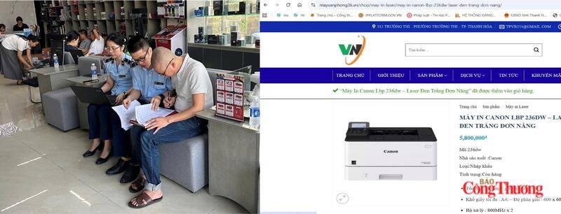 Cán bộ Đội Quản lý thị trường số 1 làm việc tại cơ sở về nội dung website bán hàng nhưng không đăng ký với cơ quan quản lý nhà nước theo quy định. Ảnh: Quốc Anh
