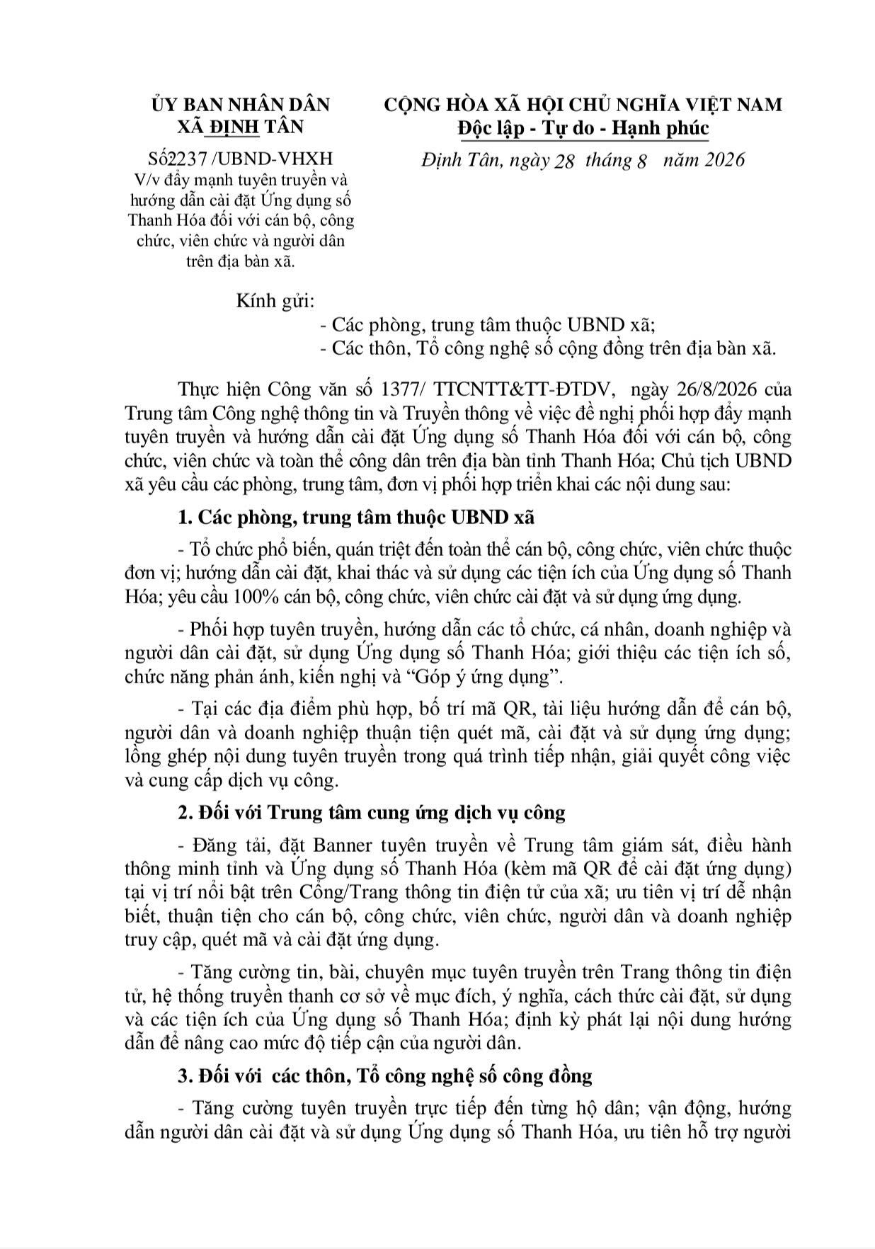 Đẩy mạnh tuyên truyền và hướng dẫn cài đặt Ứng dụng số Thanh Hóa đối với cán bộ, công chức, viên chức và người dân trên địa bàn xã.