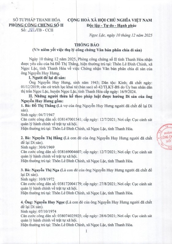Niêm yết việc thụ lý công chứng Văn bản phân chia di sản