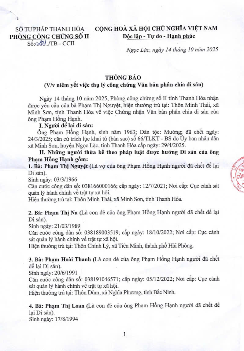 PHÒNG CÔNG CHỨNG SỐ II THÔNG BÁO VỀ VIỆC NIÊM YẾT VIỆC THUJ LÝ CÔNG CHỨNG VĂN BẢN PHÂN CHIA DI SẢN