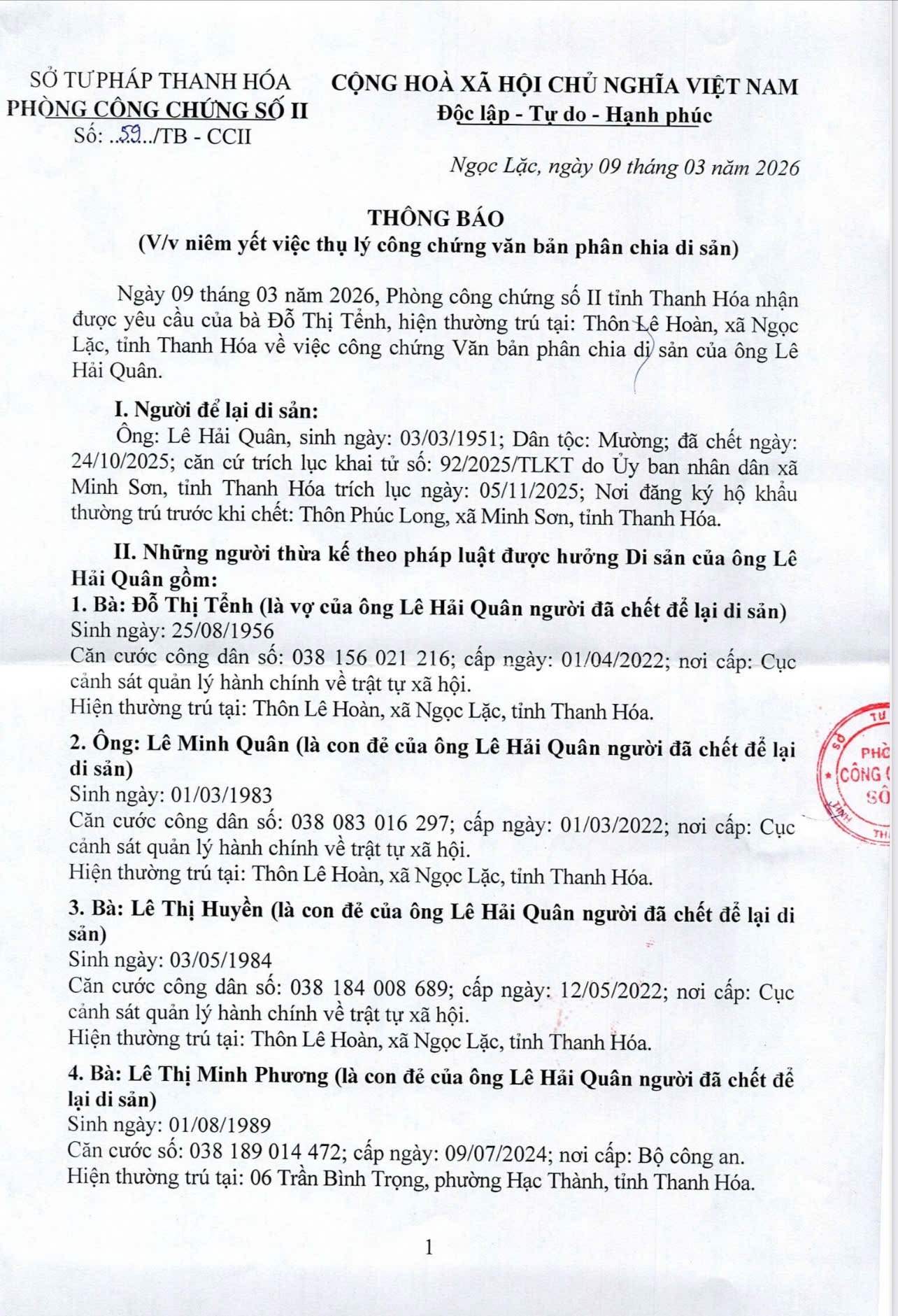 NIÊM YẾT THÔNG BÁO CỦA PHÒNG CÔNG CHỨNG SỐ II , SỞ TƯ PHÁP TỈNH THANH HÓA