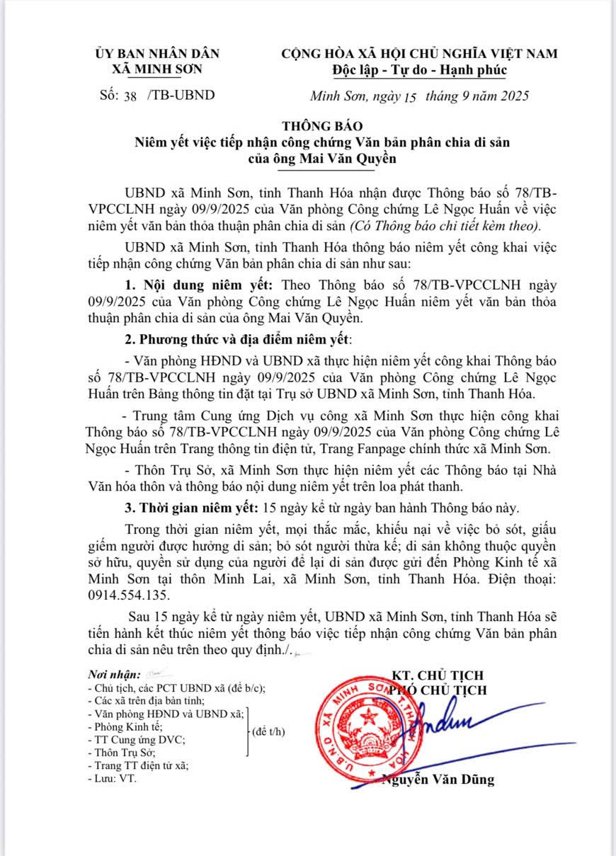 UBND MINH SƠN THÔNG BÁO NIÊM YẾT VIỆC TIẾP NHẬN CÔNG CHỨNG VĂN BẢN PHÂN CHIA DI SẢN CỦA ÔNG MAI VĂN QUYỀN