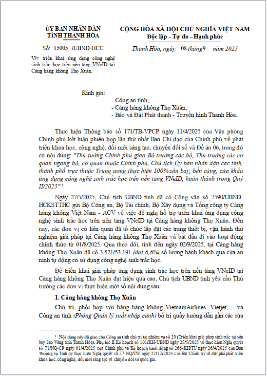 Triển khai ứng dụng công nghệ sinh trắc học trên nền tảng VNeID tại Cảng hàng không Thọ Xuân