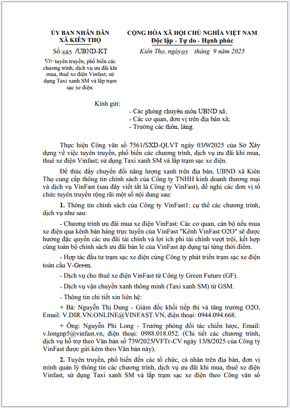 V/v tuyên truyền, phổ biến các chương trình, dịch vụ ưu đãi khi mua, thuê xe điện Vinfast; sử dụng Taxi xanh SM và lắp trạm sạc xe điện.