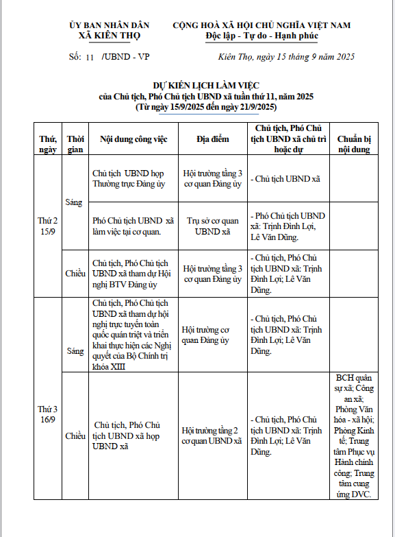 Dự kiến lịch làm việc của Chủ tịch, các phó chủ tịch xã tuần thứ 11 năm 2025( Từ 15/9/2025 đến 21/9/2025)  