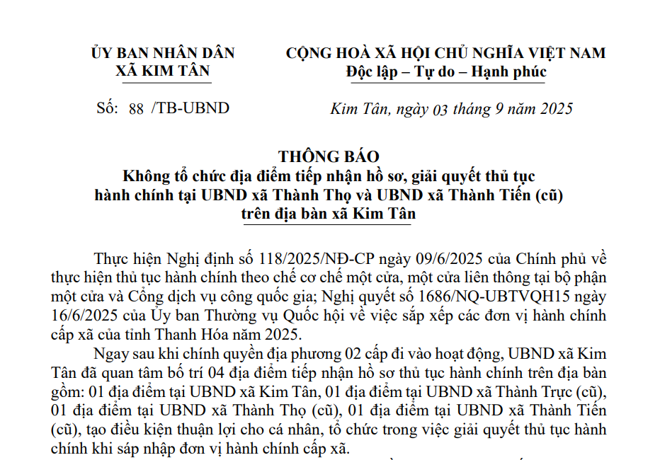 Thông báo về việc không tổ chức địa điểm tiếp nhân hồ sơ, giải quyết thủ tục hành chính tại UBND xã Thành Thọ và UBND xã Thành Tiến (cũ) trên địa bàn xã Kim Tân