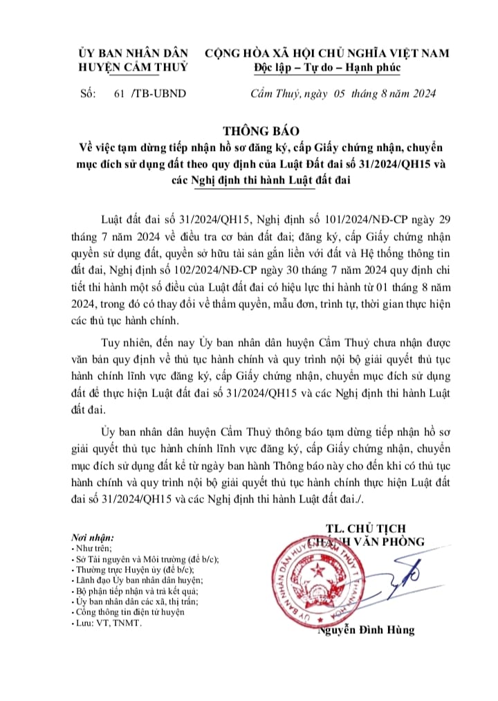 Thông báo Về việc tạm dừng tiếp nhận hồ sơ đăng ký, cấp Giấy chứng nhận, chuyển mục đích sử dụng đất