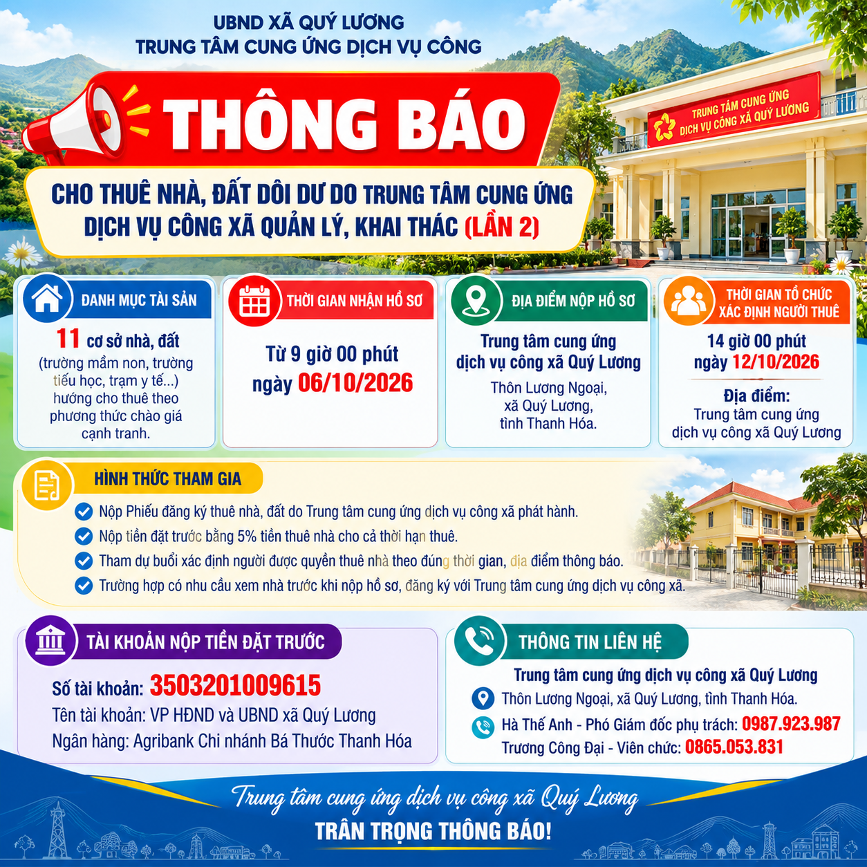 Thông báo về việc cho thuê nhà, đất dôi dư do Trung tâm cung ứng dịch vụ công quản lý, khai thác (lần 2)