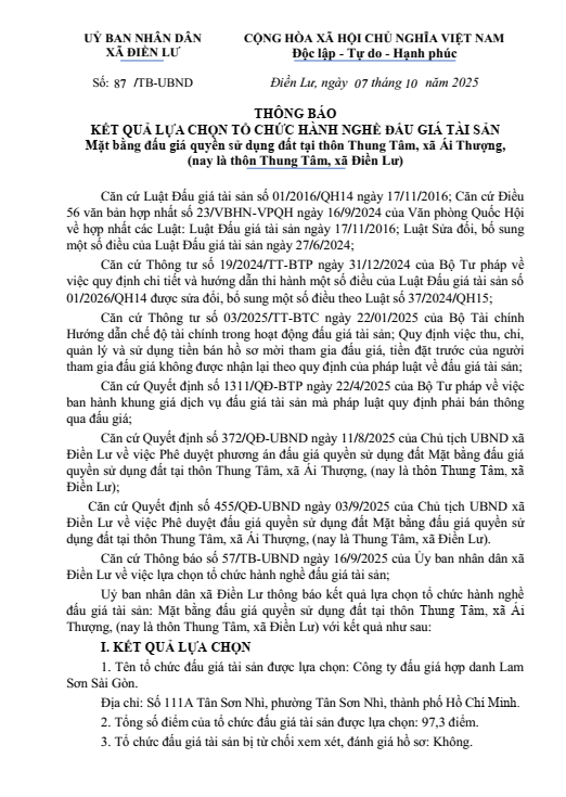 THÔNG BÁO KẾT QUẢ LỰA CHỌN TỔ CHỨC ĐẤU GIÁ TÀI SẢN Mặt bằng đấu giá quyền sử dụng đất tại thôn Thung Tâm, xã Ái Thượng, (nay là thôn Thung Tâm, xã Điền Lư)