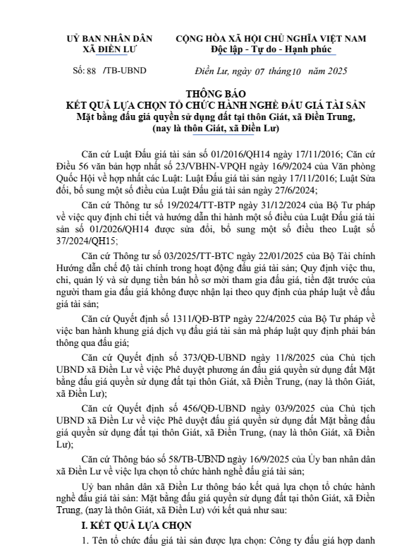 THÔNG BÁO KẾT QUẢ LỰA CHỌN TỔ CHỨC HÀNH NGHỀ ĐẤU GIÁ TÀI SẢN Mặt bằng đấu giá quyền sử dụng đất tại thôn Giát, xã Điền Trung, (nay là thôn Giát, xã Điền Lư)
