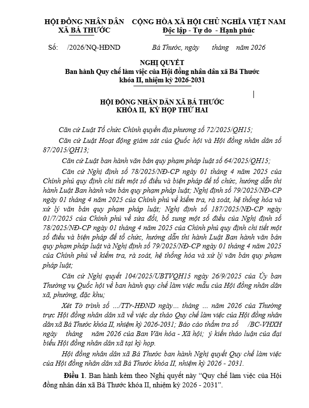 Góp ý dự thảo Nghị quyết Ban hành Quy chế làm việc của Hội đồng nhân dân xã Bá Thước  khóa II, nhiệm kỳ 2026-2031