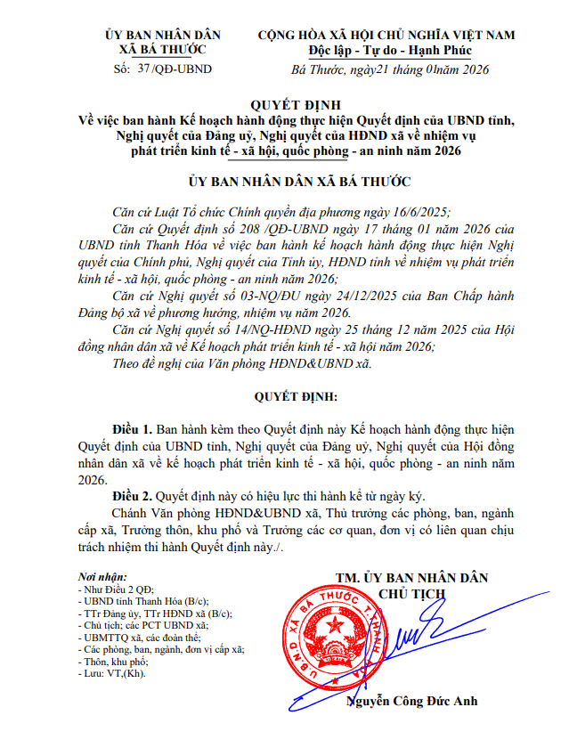 Quyết định Về việc ban hành Kế hoạch hành động thực hiện Quyết định của UBND tỉnh, Nghị quyết của Đảng uỷ, Nghị quyết của HĐND xã về nhiệm vụ phát triển kinh tế - xã hội, quốc phòng - an ninh năm 2026