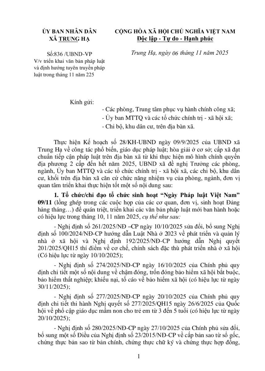 UBND xã Trung Hạ phổ biến, giáo dục pháp luật; hòa giải ở cơ sở; cấp xã đạt chuẩn tiếp cận pháp luật trên địa bàn xã từ khi thực hiện mô hình chính quyền địa phương 2 cấp đến hết năm 2025