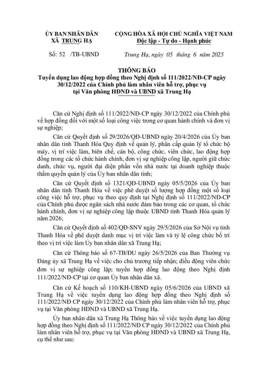 THÔNG BÁO  Tuyển dụng lao động hợp đồng theo Nghị định số 111/2022/NĐ-CP ngày 30/12/2022 của Chính phủ làm nhân viên hỗ trợ, phục vụ tại Văn phòng HĐND và UBND xã Trung Hạ