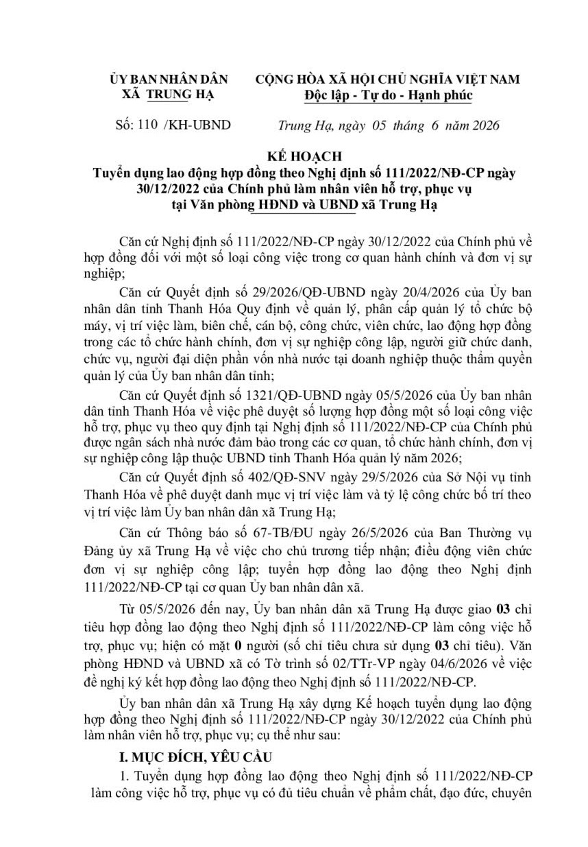KẾ HOẠCH  Tuyển dụng lao động hợp đồng theo Nghị định số 111/2022/NĐ-CP ngày 30/12/2022 của Chính phủ làm nhân viên hỗ trợ, phục vụ tại Văn phòng HĐND và UBND xã Trung Hạ
