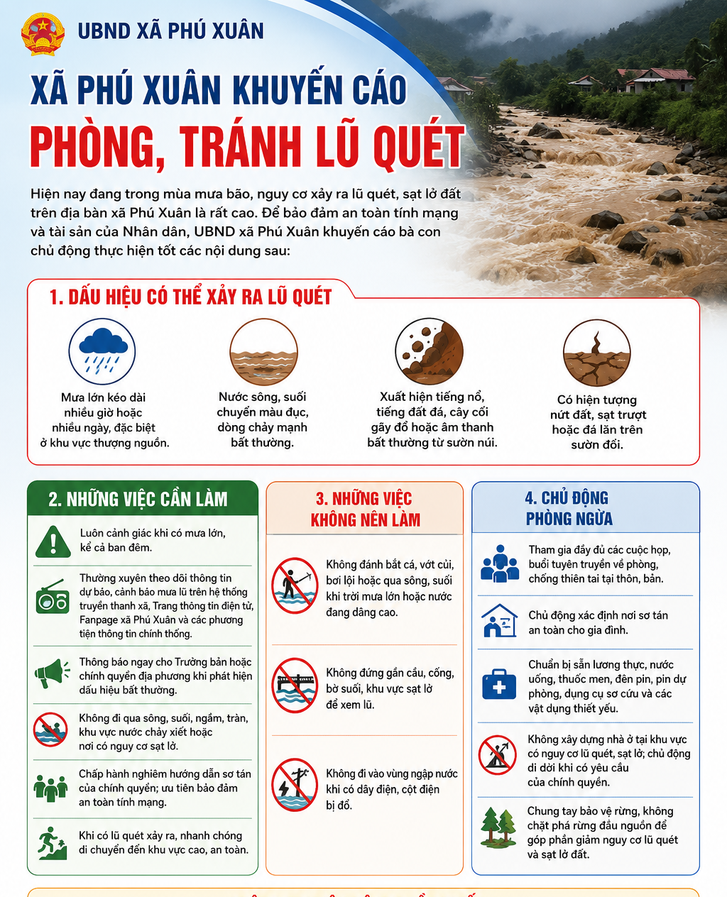 XÃ PHÚ XUÂN KHUYẾN CÁO NGƯỜI DÂN CHỦ ĐỘNG PHÒNG, TRÁNH LŨ QUÉT