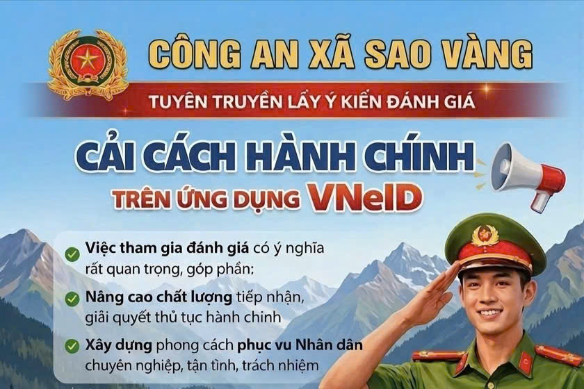 Công an xã Sao Vàng hướng dẫn việc lấy ý kiến đánh giá sự hài lòng của tổ chức, cá nhân về cải cách hành chính qua ứng dụng VNeID