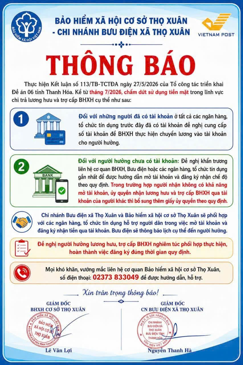BHXH cơ sở Thọ Xuân-Chi nhánh Bưu điện xã Thọ Xuân thông báo