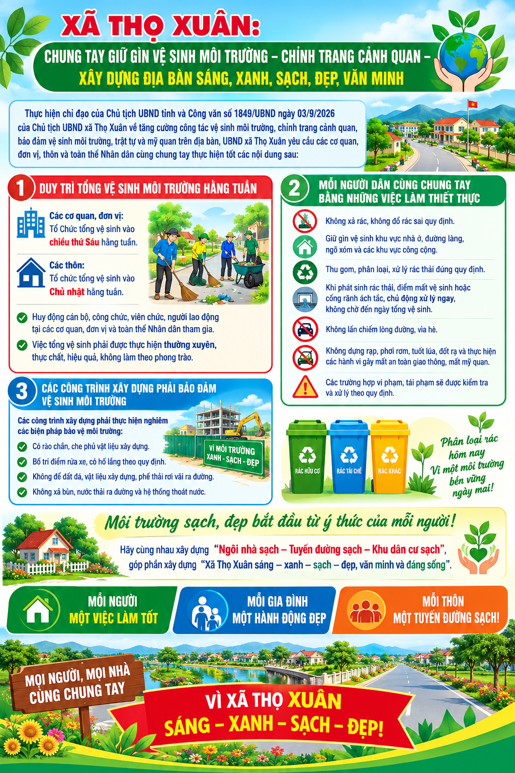 Xã Thọ Xuân: Chung tay giữ gìn vệ sinh môi trường, chỉnh trang cảnh quan, xây dựng dựng xã "Sáng-xanh-sạch-đẹp-văn minh"