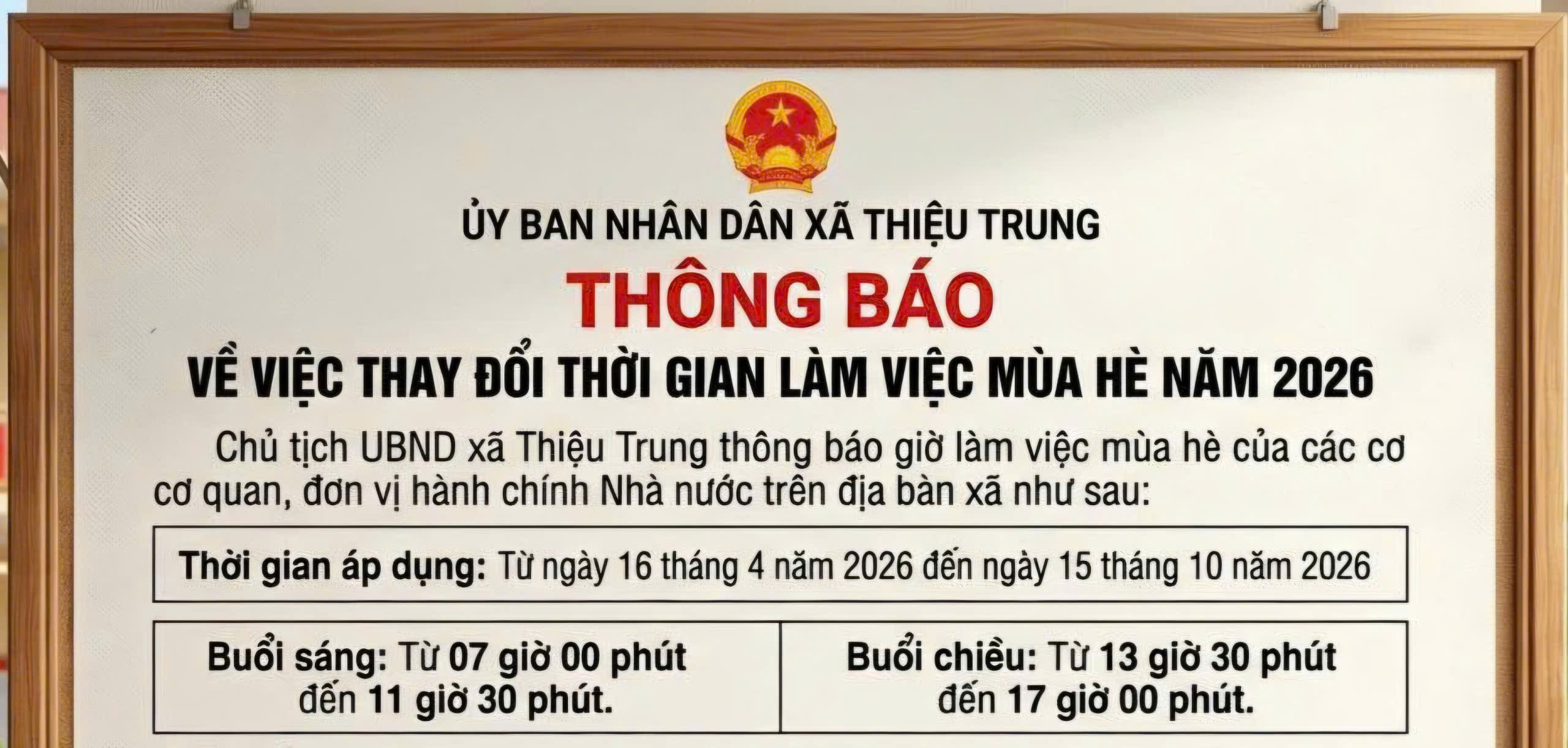 THÔNG BÁO Thời gian làm việc mùa Hè năm 2026