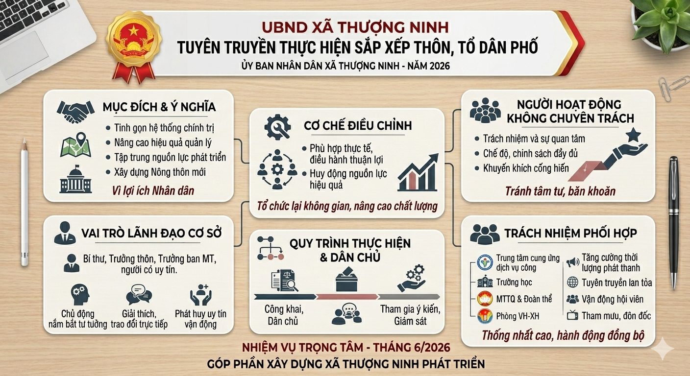 Tuyên truyền thực hiện sắp xếp thôn, tổ dân phố và bố trí, sử dụng người hoạt động không chuyên trách ở cơ sở.