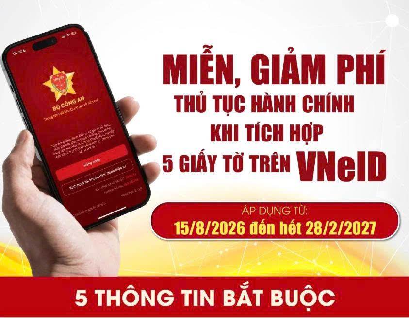 MIỄN GIẢM THỦ TỤC HÀNH CHÍNH CHO NGƯỜI DÂN CÓ VNeID TÍCH HỢP ĐỦ 5 LOẠI GIẤY TỜ