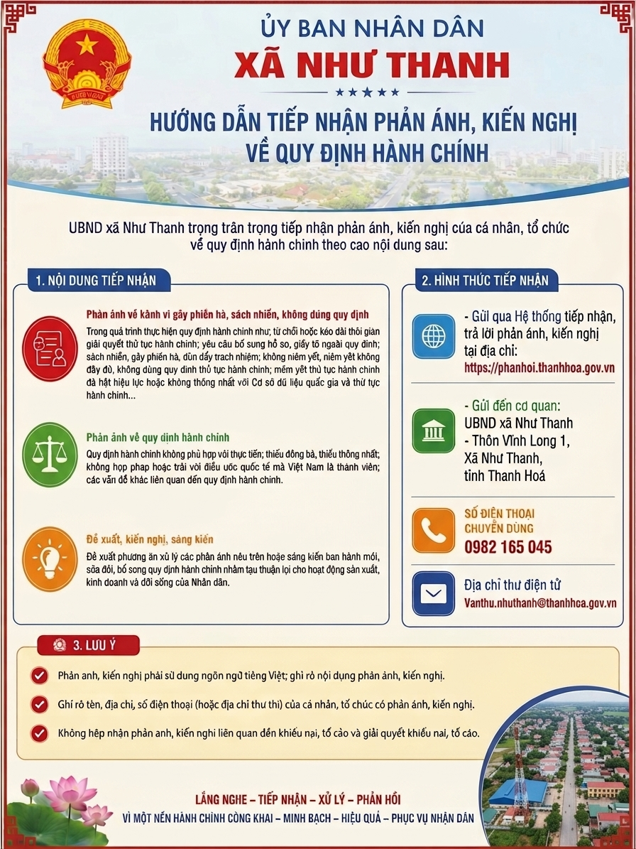 Trung tâm Phục vụ hành chính công xã Như Thanh - Hướng dẫn tiếp nhận phản ánh, kiến nghị  về quy định hành chính