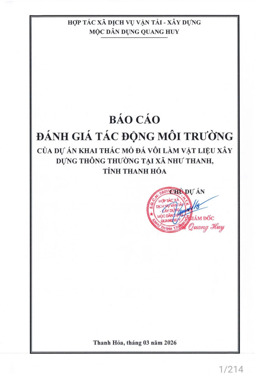 Xã Như Thanh thông báo niêm yết Báo cáo đánh giá tác động môi trường dự án: Khai thác mỏ đá vôi làm vật liệu xây dựng thông thường tại xã Như Thanh, tỉnh Thanh Hóa