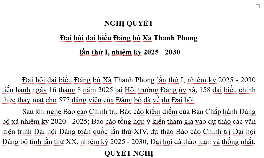 Toàn văn Nghị Quyết  Đại hội đại biểu Đảng bộ xã Thanh Phong lần thứ I, nhiệm kỳ 2025 - 2030 