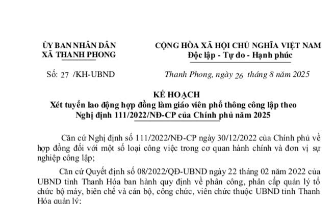 KẾ HOẠCH  Xét tuyển lao động hợp đồng làm giáo viên phổ thông công lập theo   Nghị định 111/2022/NĐ-CP của Chính phủ năm 2025 