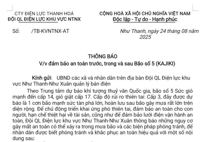 THÔNG BÁO        V/v đảm bảo an toàn trước, trong và sau Bão số 5 (KAJIKI)