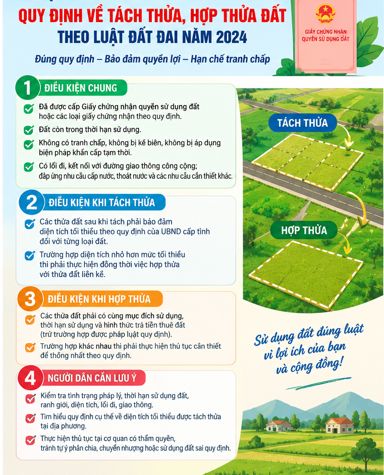 QUY ĐỊNH VỀ TÁCH THỬA, HỢP THỬA ĐẤT THEO LUẬT ĐẤT ĐAI NĂM 2024
