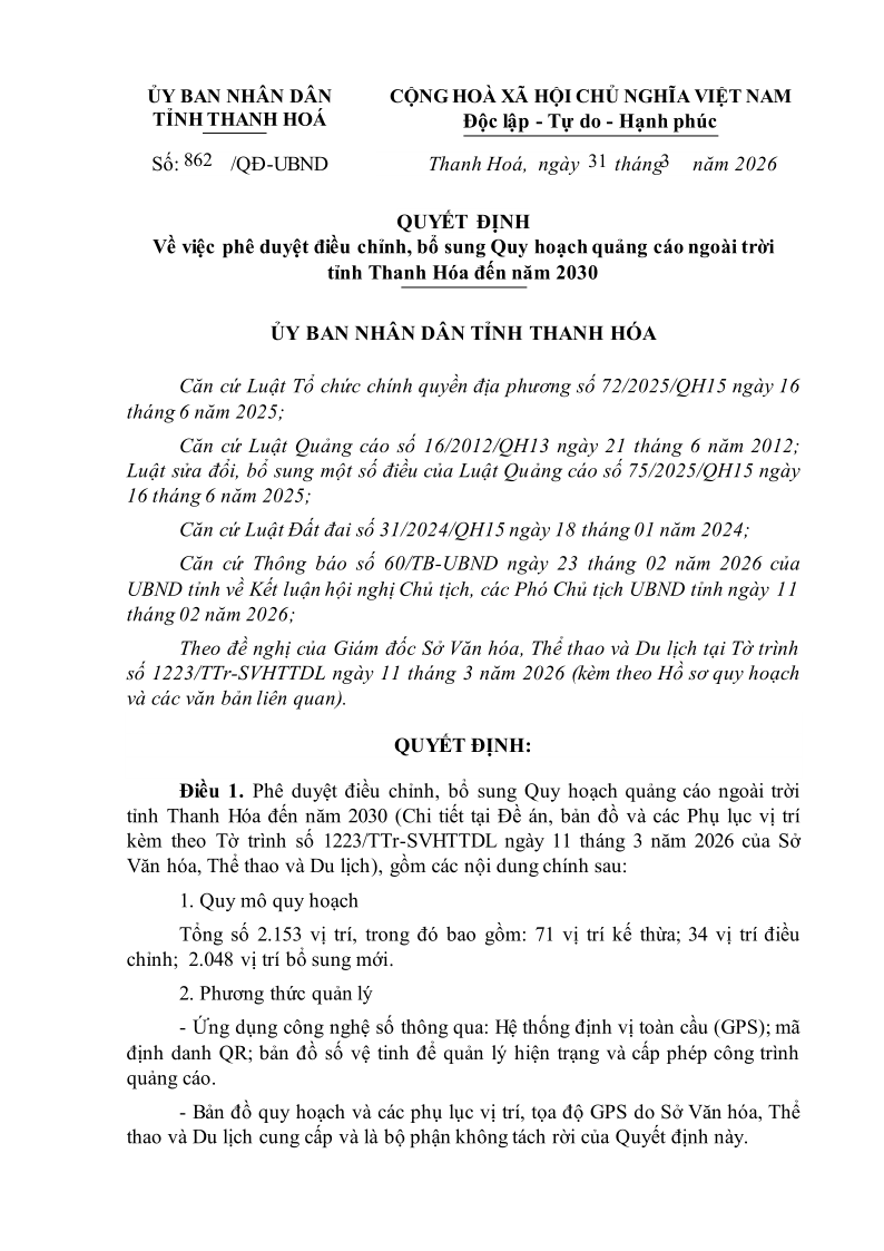 Quyết định 862/QĐ-UBND ngày 31/3/2026 của Ủy ban nhân dân tỉnh Thanh Hóa về việc phê duyệt điều chỉnh, bổ sung Quy hoạch quảng cáo ngoài trời tỉnh Thanh Hóa đến năm 2030