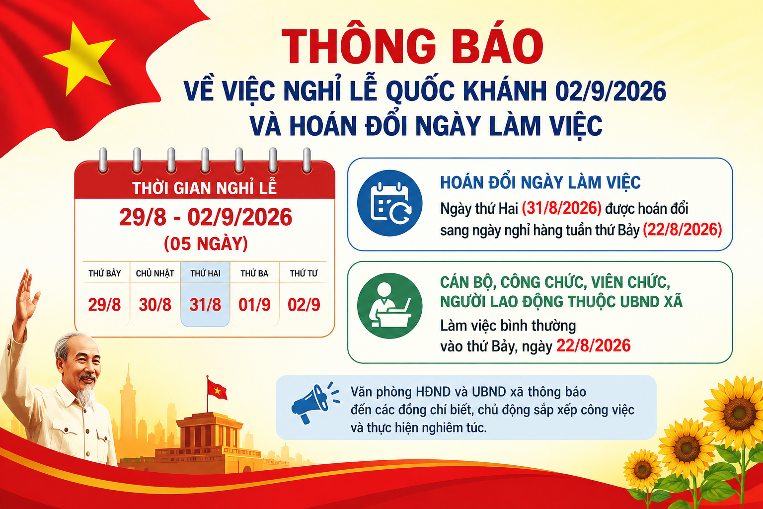 UBND xã Nông Côn·THÔNG BÁO  Về việc nghỉ Lễ Quốc khánh 02/9/2026 và hoán đổi ngày làm việc  Kính gửi các đồng chí!