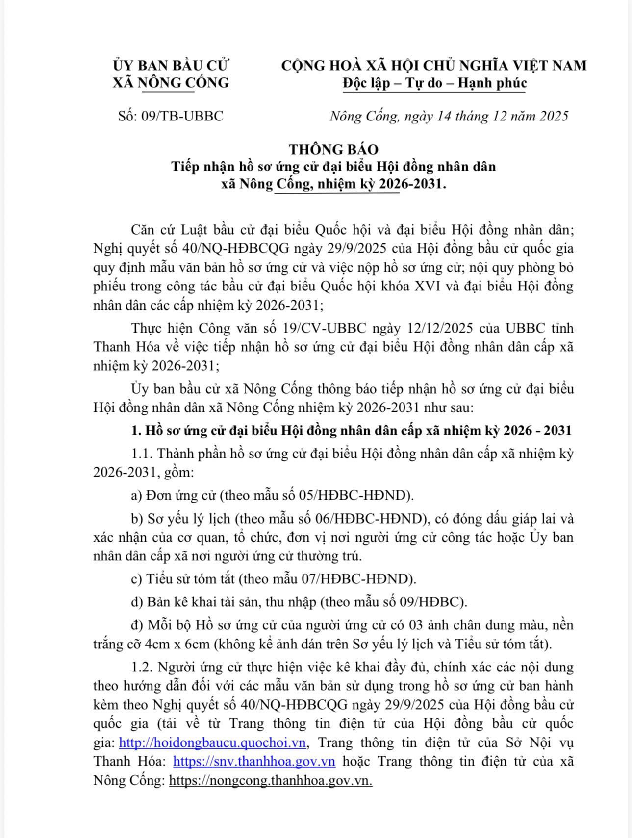 THÔNG BÁO Tiếp nhận hồ sơ ứng cử đại biểu Hội đồng nhân dân xa Nông Cống, nhiệm kỳ 2026-2031