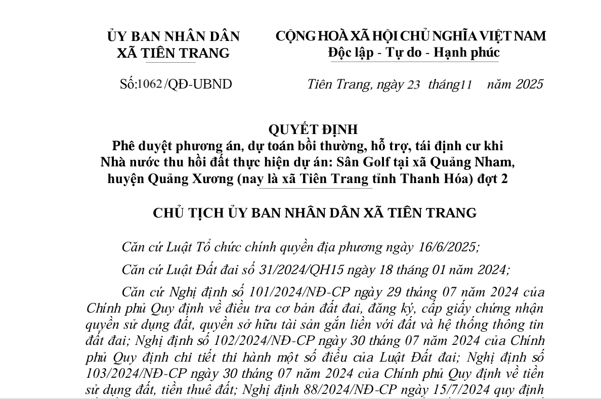 Phê duyệt phương án, dự toán bồi thường, hỗ trợ, tái định cư khi  Nhà nước thu hồi đất thực hiện dự án: Sân Golf tại xã Quảng Nham,  huyện Quảng Xương (nay là xã Tiên Trang tỉnh Thanh Hóa) đợt 2 